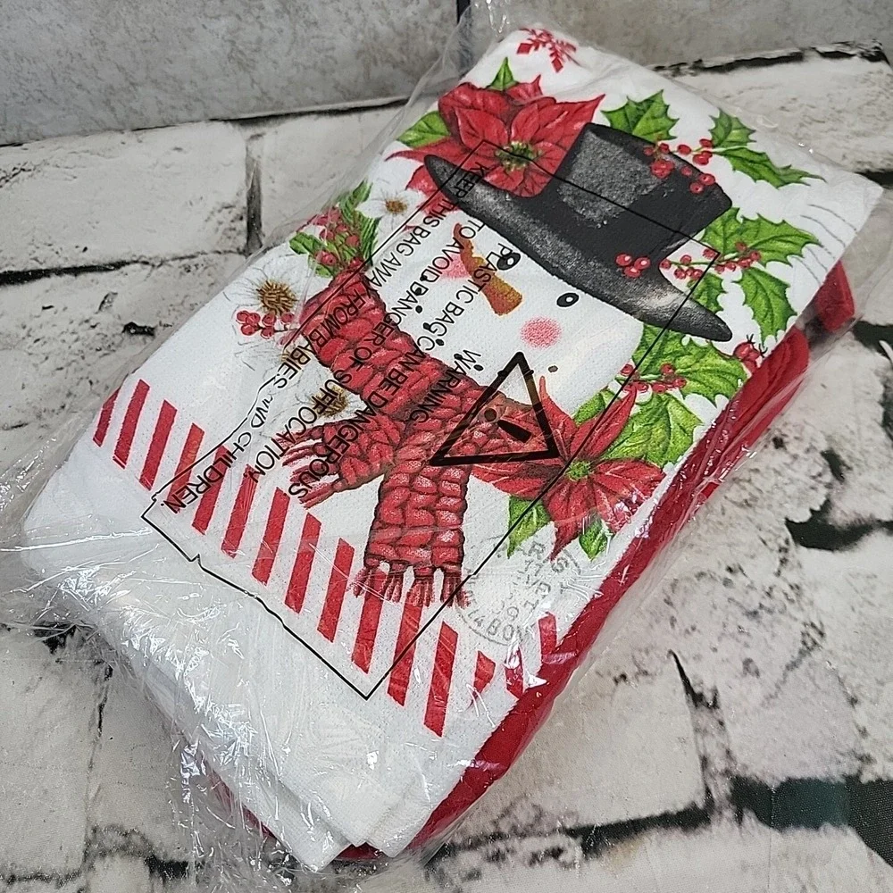 Christmas Towels Oven Mitt Hot Pad 4pc Kitchen Set Snowman Poinsettias New